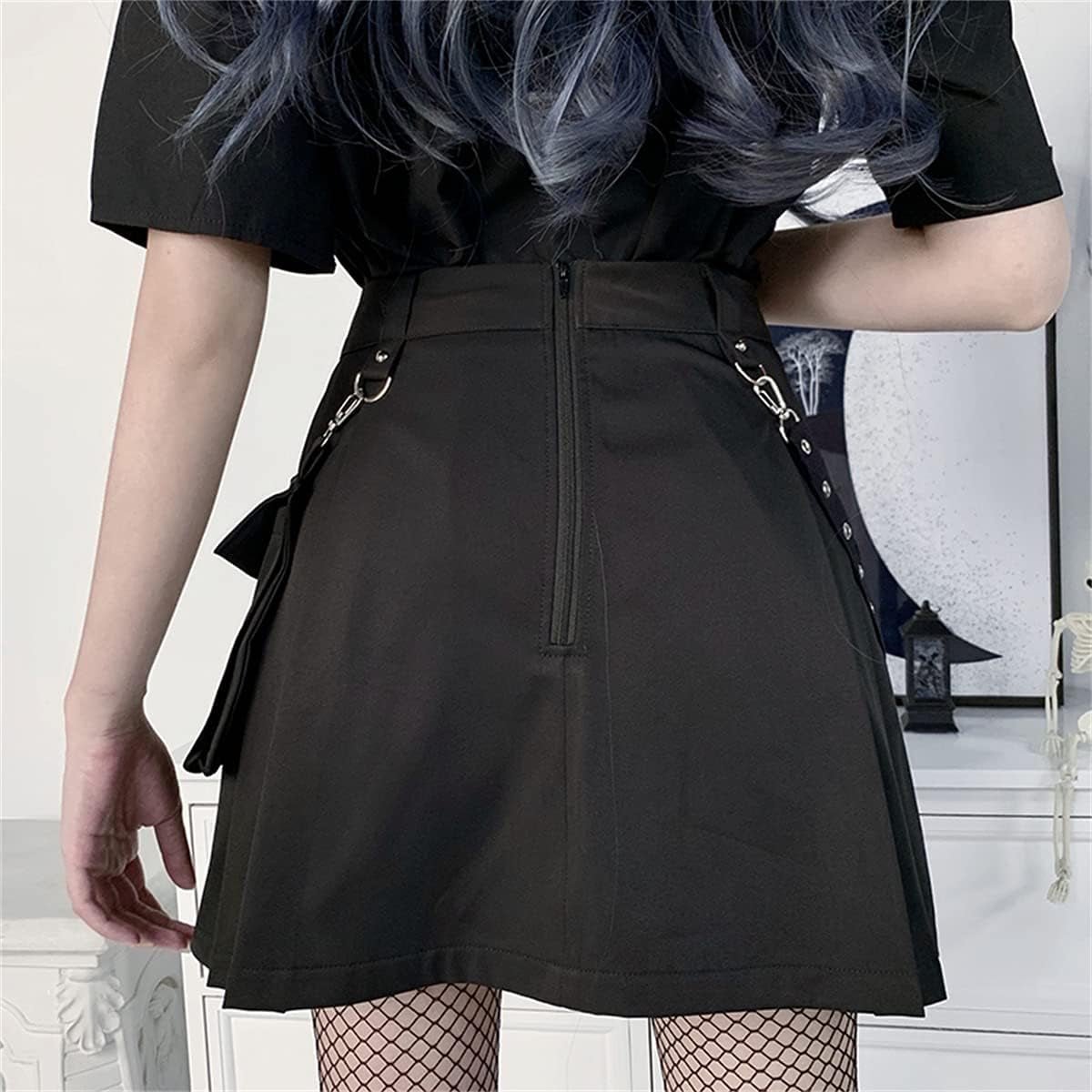 Black High Waisted Goth Skirt with Chain - Noctura - Noctura