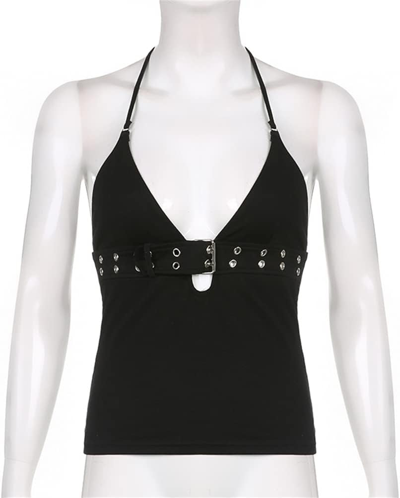 Sexy Punk Rock Halter Tank Tops for Women V Neck Goth Backless Tie Back Summer Y2K Gothic Buckle 70S Disco Tops