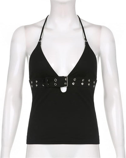 Sexy Punk Rock Halter Tank Tops for Women V Neck Goth Backless Tie Back Summer Y2K Gothic Buckle 70S Disco Tops