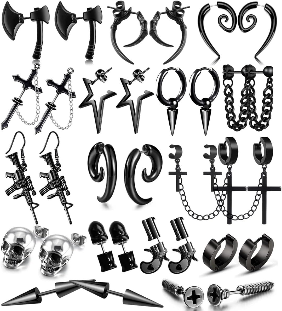 16 Pairs Stainless Steel Punk Y2K Black Dangle Earrings for Men, Axe Skull Screw Cone Etc Huggie Hoop Long Chain Piercing Hoop Earrings Set for Unisex Earrings for Women