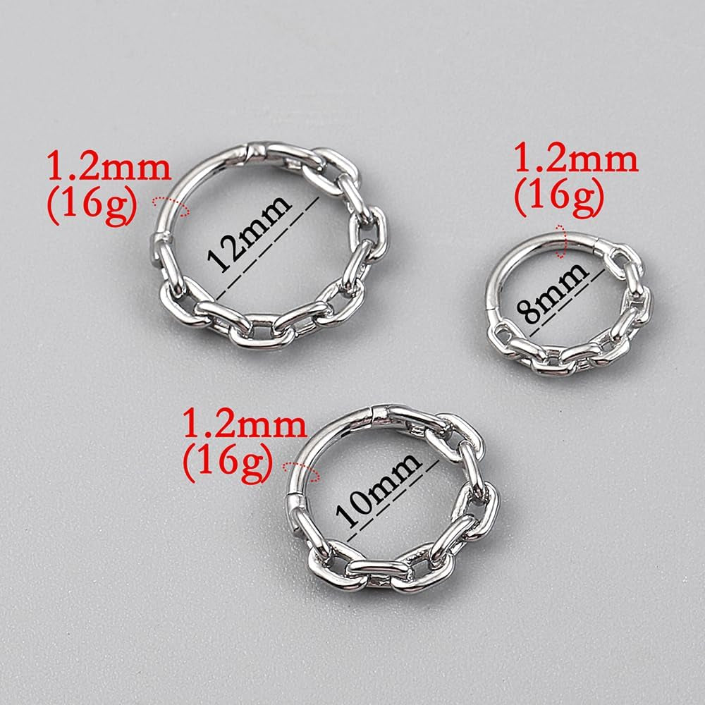 Chain Septum Rings 16G/(8Mm,10Mm,12Mm) Nose Ring Dainty Helix Daith Earrings for Men/Women 316L Stainless Steel Daith Piercing Jewelry Silver Gold Black