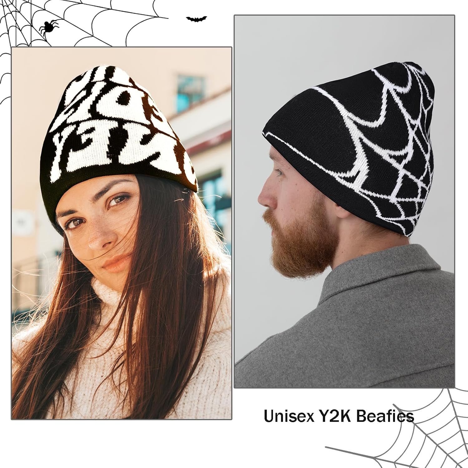 4 Pcs Y2K Beanie Spider Web Beanie, Winter Streetwear Headwear Knitted Hat Goth Graphic Beanies for Men Women Black