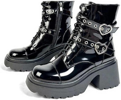 Cathedral Rivet Platform Boots – Buckled Goth Combat Booties - Noctura