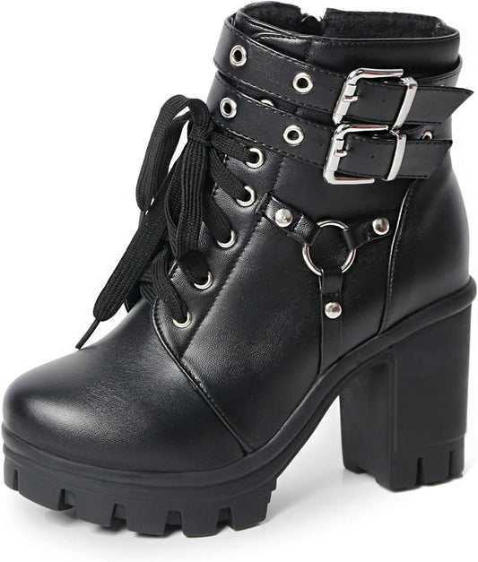 Cathedral Rivet Platform Boots – Buckled Goth Combat Booties - Noctura