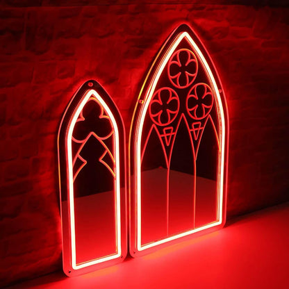 Cathedral Window Neon Mirror Set – Blood Red Gothic Wall Light 🔻🩸 - Noctura