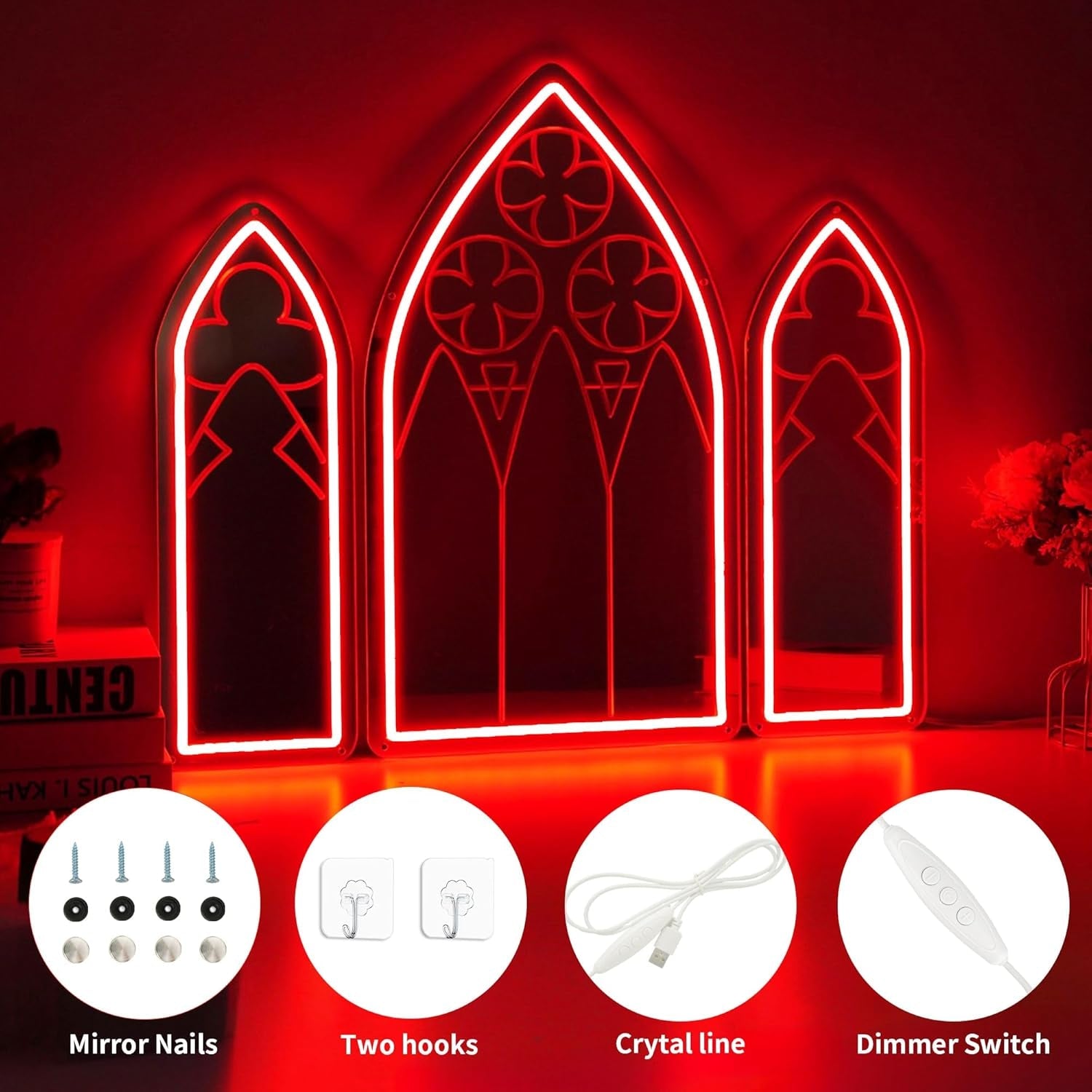 Cathedral Window Neon Mirror Set – Blood Red Gothic Wall Light 🔻🩸 - Noctura