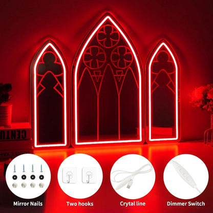 Cathedral Window Neon Mirror Set – Blood Red Gothic Wall Light 🔻🩸 - Noctura