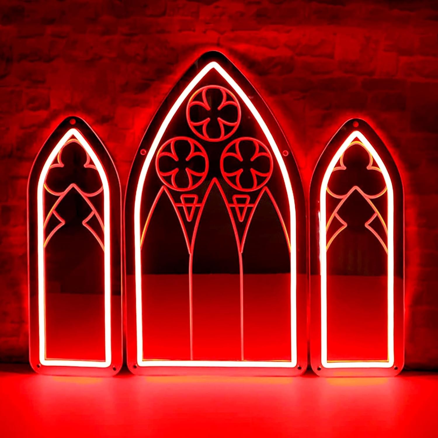 Cathedral Window Neon Mirror Set – Blood Red Gothic Wall Light 🔻🩸 - Noctura