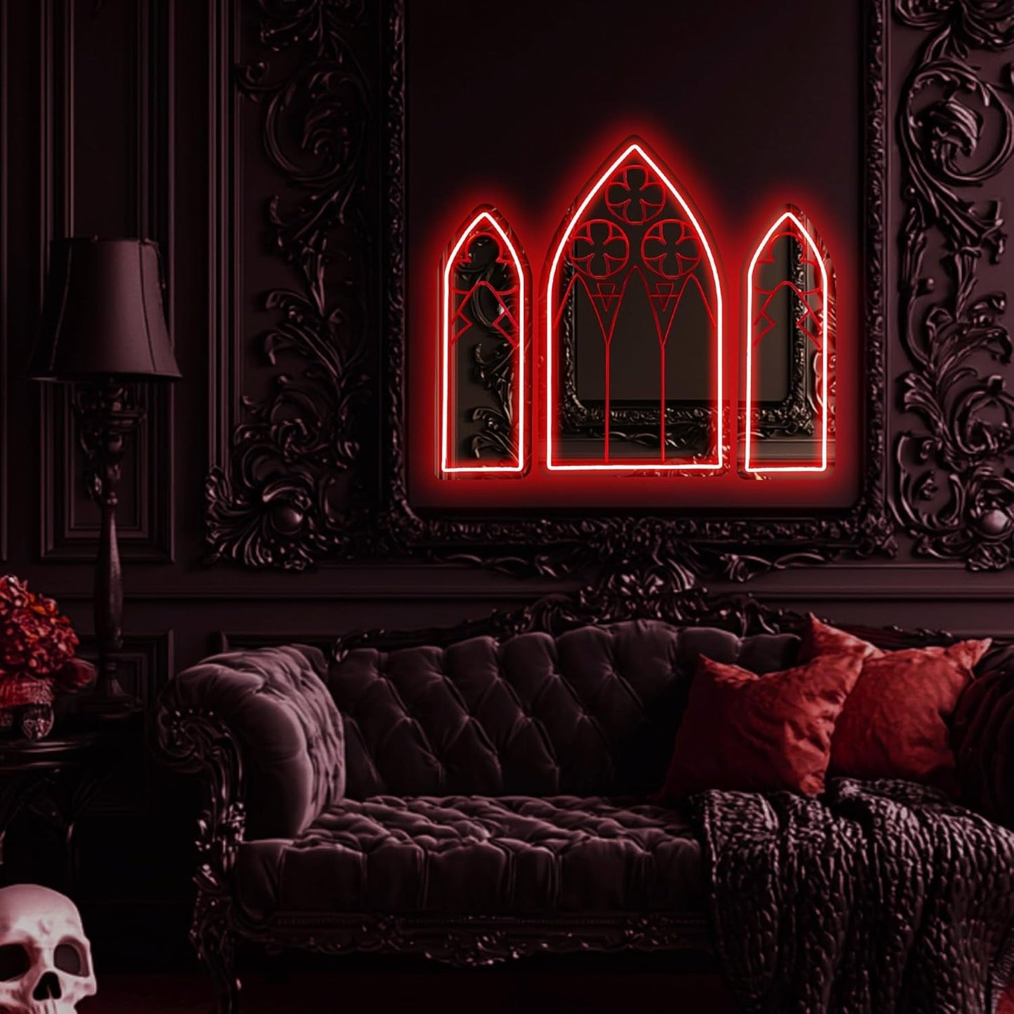 Cathedral Window Neon Mirror Set – Blood Red Gothic Wall Light 🔻🩸 - Noctura