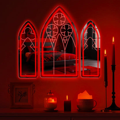 Cathedral Window Neon Mirror Set – Blood Red Gothic Wall Light 🔻🩸 - Noctura