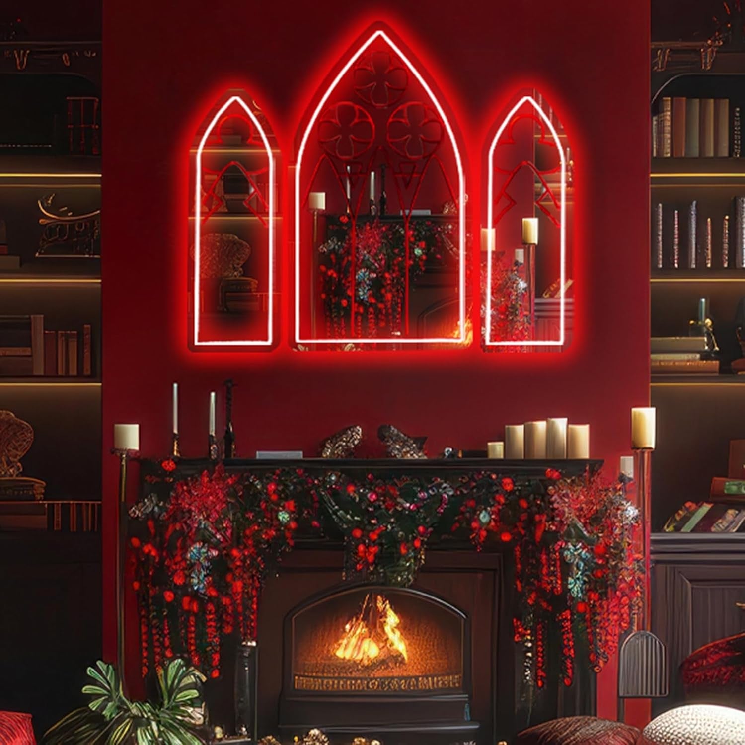 Cathedral Window Neon Mirror Set – Blood Red Gothic Wall Light 🔻🩸 - Noctura