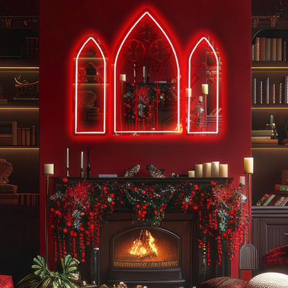Cathedral Window Neon Mirror Set – Blood Red Gothic Wall Light 🔻🩸 - Noctura