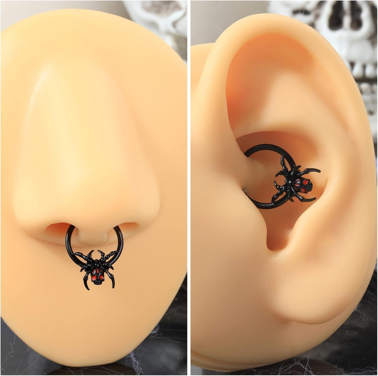 16G Black Spider Septum Ring - Hinged Segment Ring for Women & Men - Halloween Septum Clicker