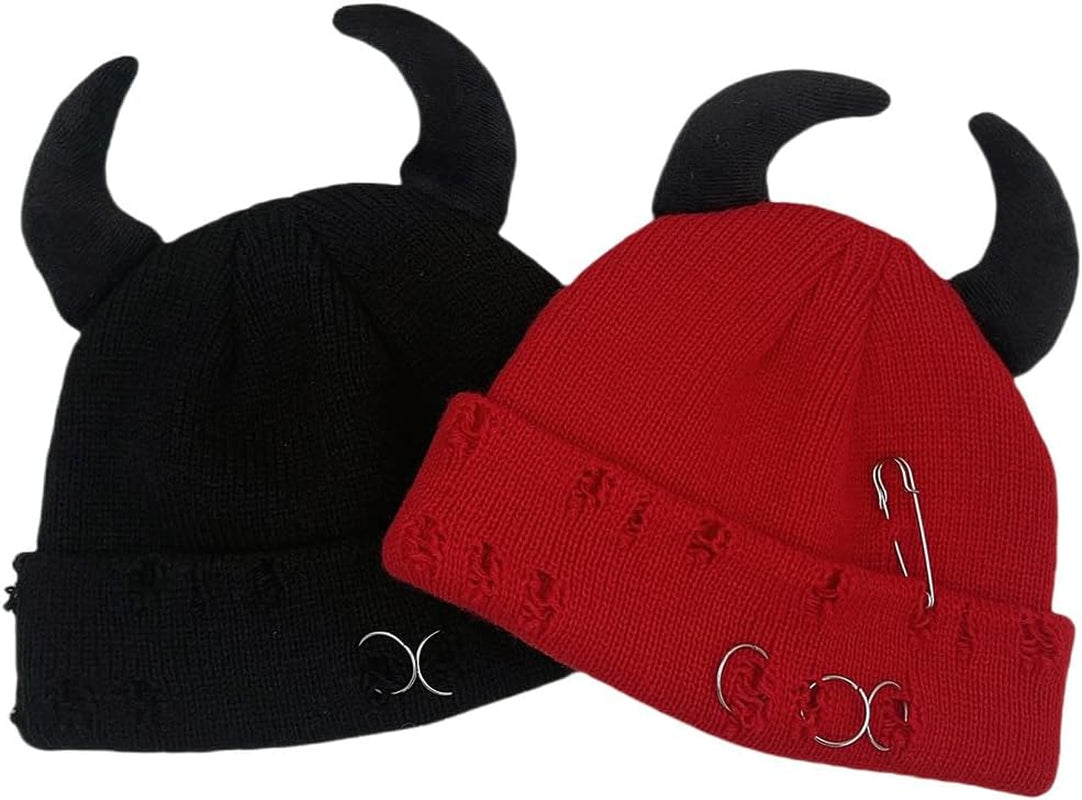Gothic Devil Horn Knitted Beanies for Women Men Y2K Funny Crochet Skull Hat Warm Winter Cap Halloween Accessories