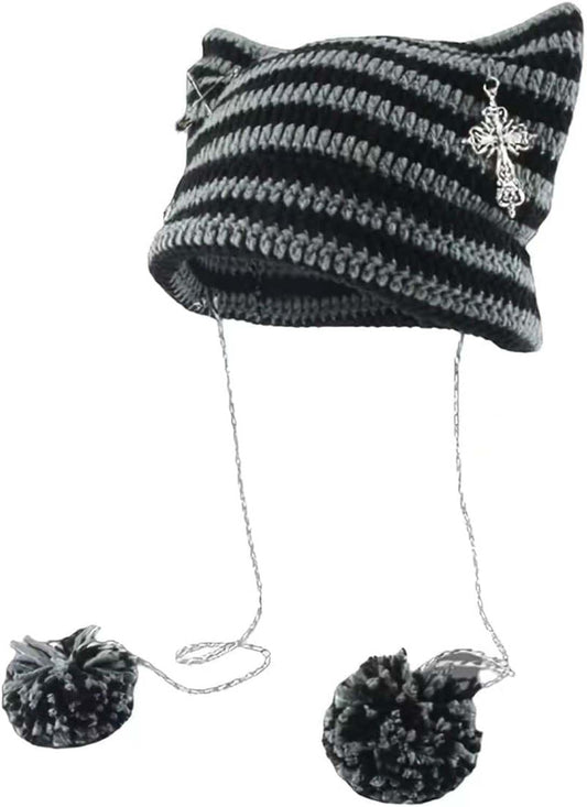 Grunge Beanies Crochet Knitted Hats for Women Girls Fox Cat Ear Goth Emo Alt Y2K Accessories Grunge Clothes
