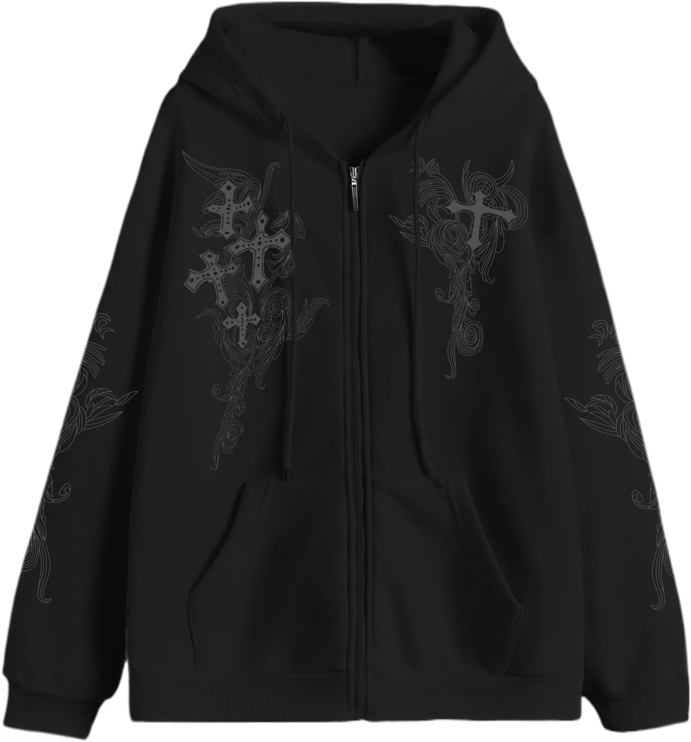 Y2K Gothic Zip Hoodie – Grunge Cross Streetwear