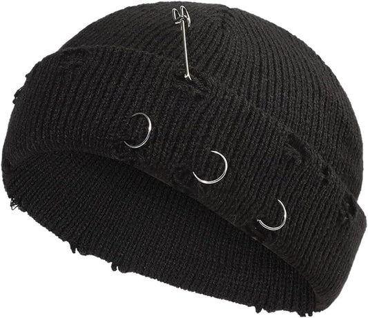 Distressed Ring Beanie Hat Unisex Fashion Hip-Hop Slouchy Knitted Skull Caps