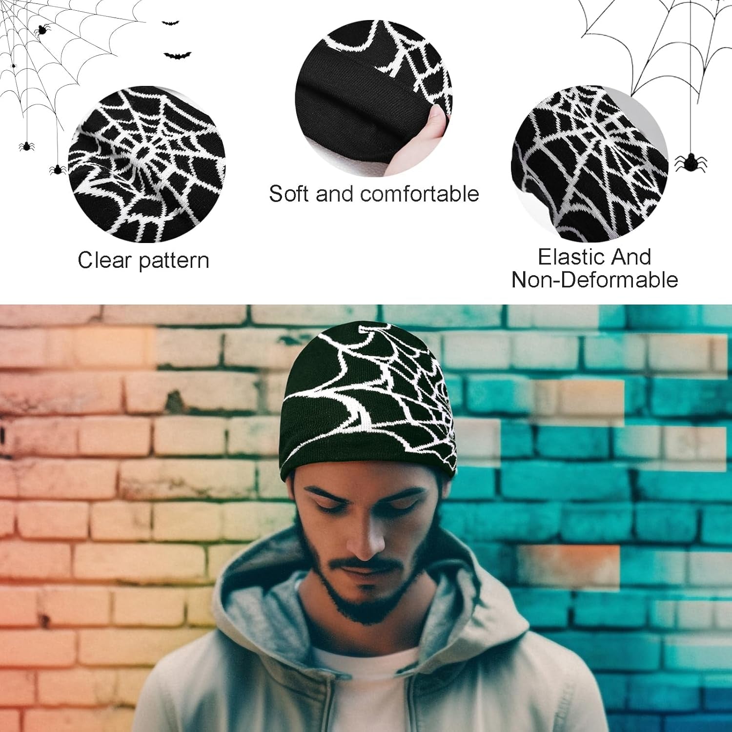 4 Pcs Y2K Beanie Spider Web Beanie, Winter Streetwear Headwear Knitted Hat Goth Graphic Beanies for Men Women Black
