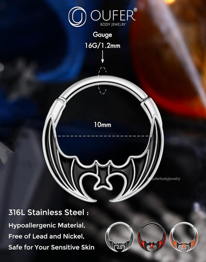 Orange Black Red Bat Segment Ring 16G 10MM – Gothic Halloween Clicker Hoop for Septum, Daith, Conch – Surgical Steel Non-Dangle Nose Jewelry