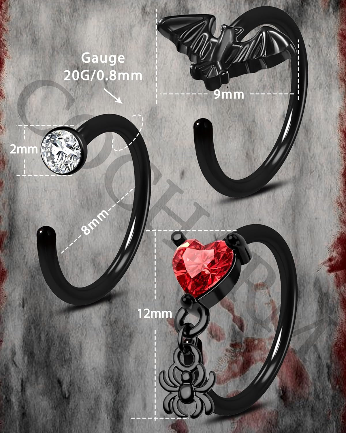 Black Halloween Nose Rings 20G Bat Nose Hoop Nose Ring Detailed Dangle Spider Nose Hoop 8Mm Hoop Nose Piercing 20 Gauge Nose Jewelry