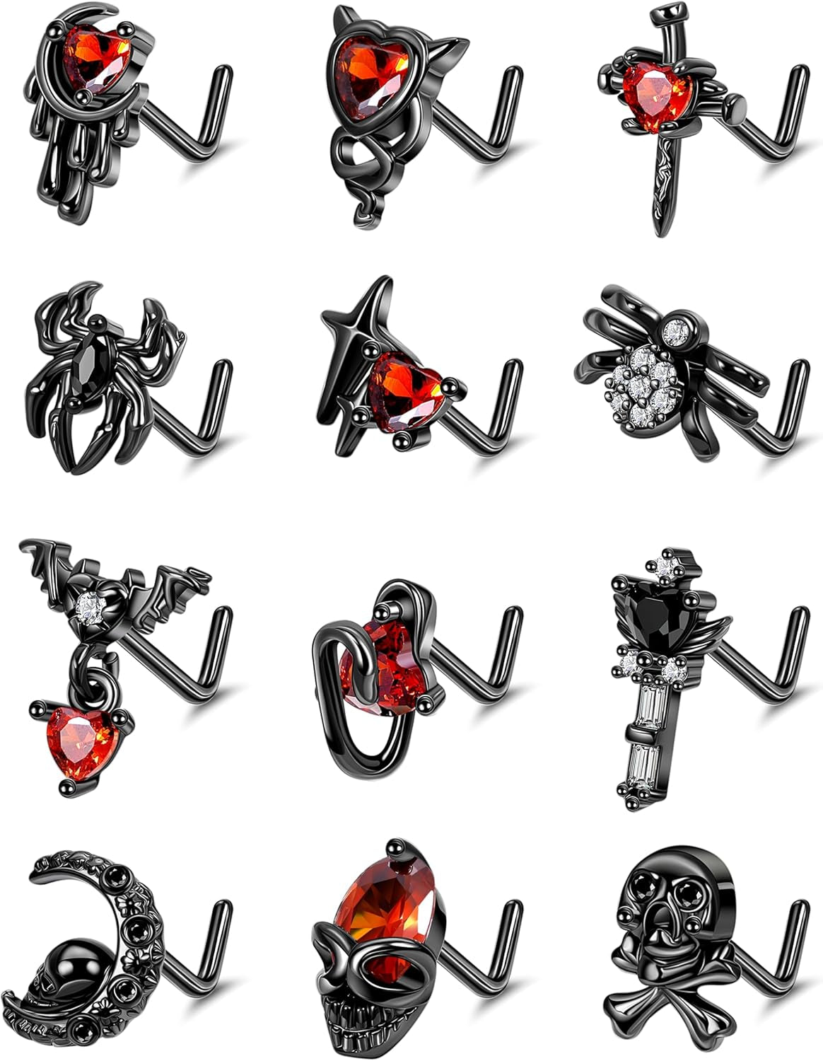 12Pcs 20G Stainless Steel Black Gothic Nose Rings Studs - Halloween Spider Bat Skull L Shaped Piercing Jewelry