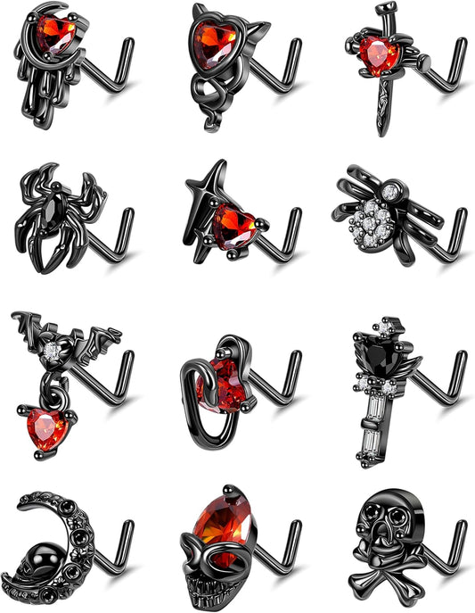 12Pcs 20G Stainless Steel Black Gothic Nose Rings Studs - Halloween Spider Bat Skull L Shaped Piercing Jewelry