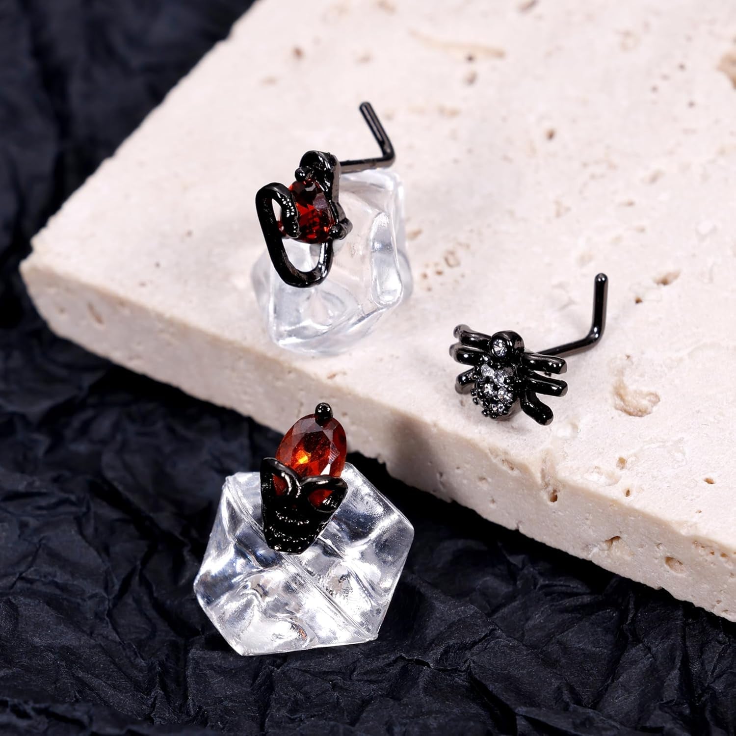 12Pcs 20G Stainless Steel Black Gothic Nose Rings Studs - Halloween Spider Bat Skull L Shaped Piercing Jewelry