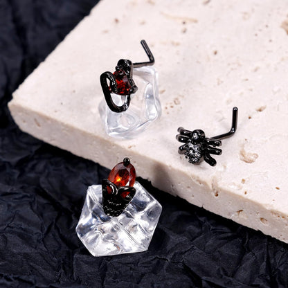 12Pcs 20G Stainless Steel Black Gothic Nose Rings Studs - Halloween Spider Bat Skull L Shaped Piercing Jewelry