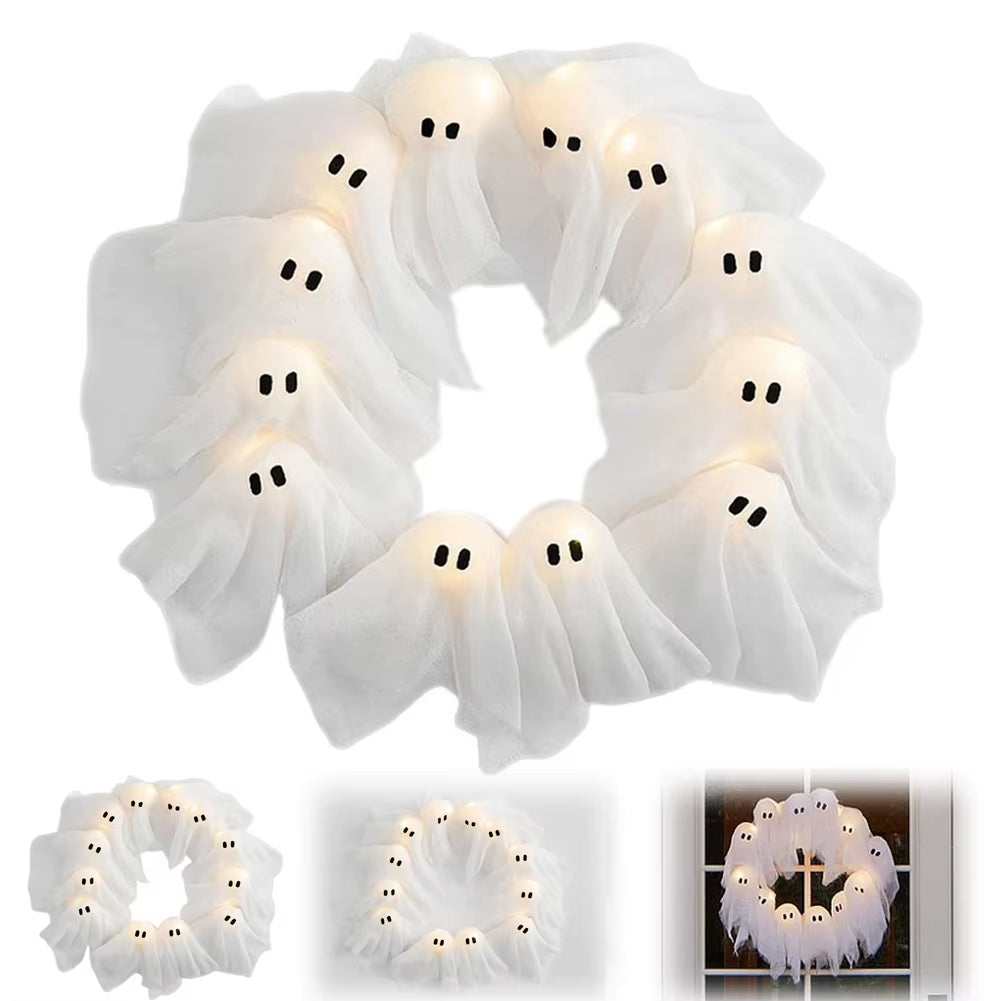 2025 New Glowing Halloween Decoration Led Spooky Lights Light-Up Ghost Wreath Outdoor Wall Decor Spooky Front Door Hanging Decor
