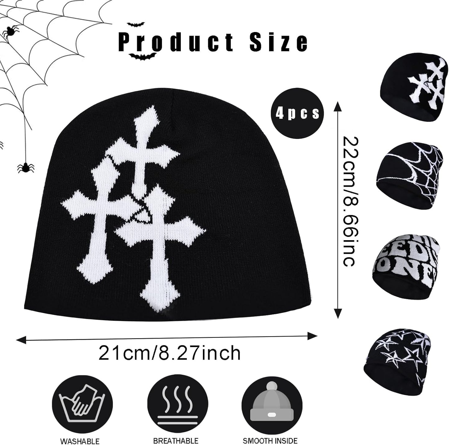4 Pcs Y2K Beanie Spider Web Beanie, Winter Streetwear Headwear Knitted Hat Goth Graphic Beanies for Men Women Black
