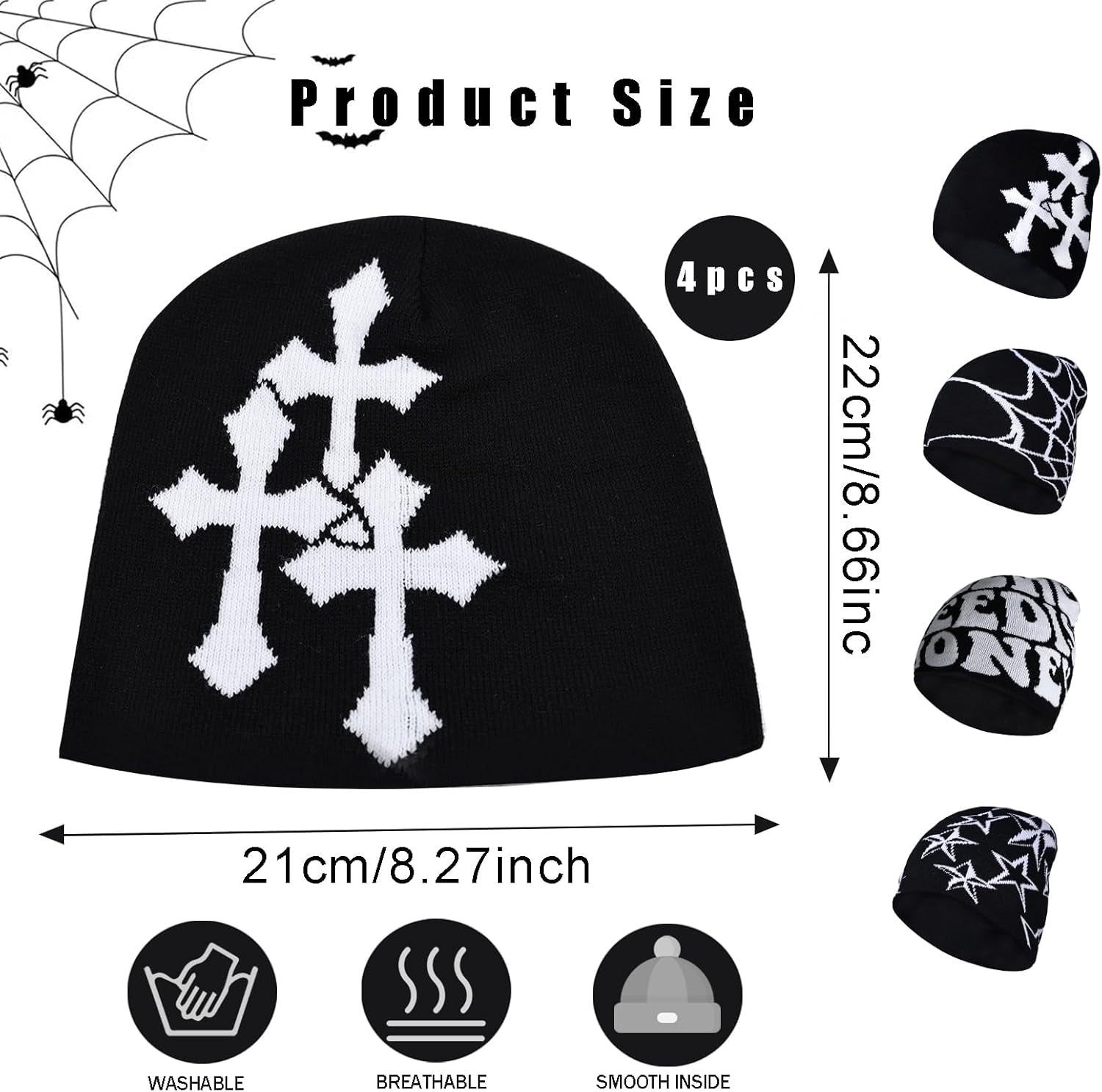 4 Pcs Y2K Beanie Spider Web Beanie, Winter Streetwear Headwear Knitted Hat Goth Graphic Beanies for Men Women Black