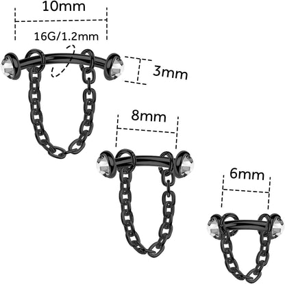 3 Pcs 316L Stainless Steel 16G Tragus Helix Rook Piercing Jewelry with Chain, Cartilage Earrings for Women, Belly Button Ring Vertical Labret Lip Piercing Jewelry