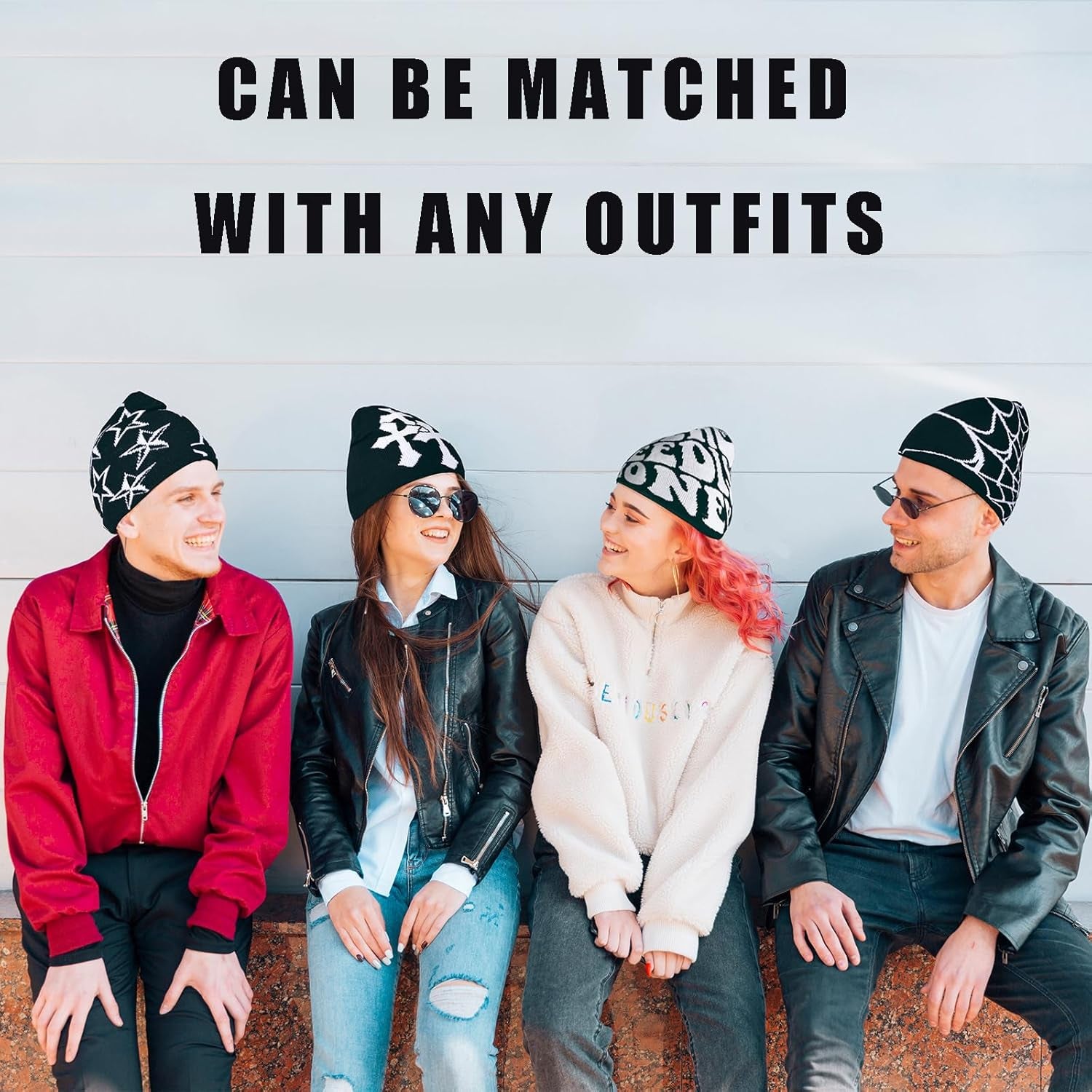 4 Pcs Y2K Beanie Spider Web Beanie, Winter Streetwear Headwear Knitted Hat Goth Graphic Beanies for Men Women Black