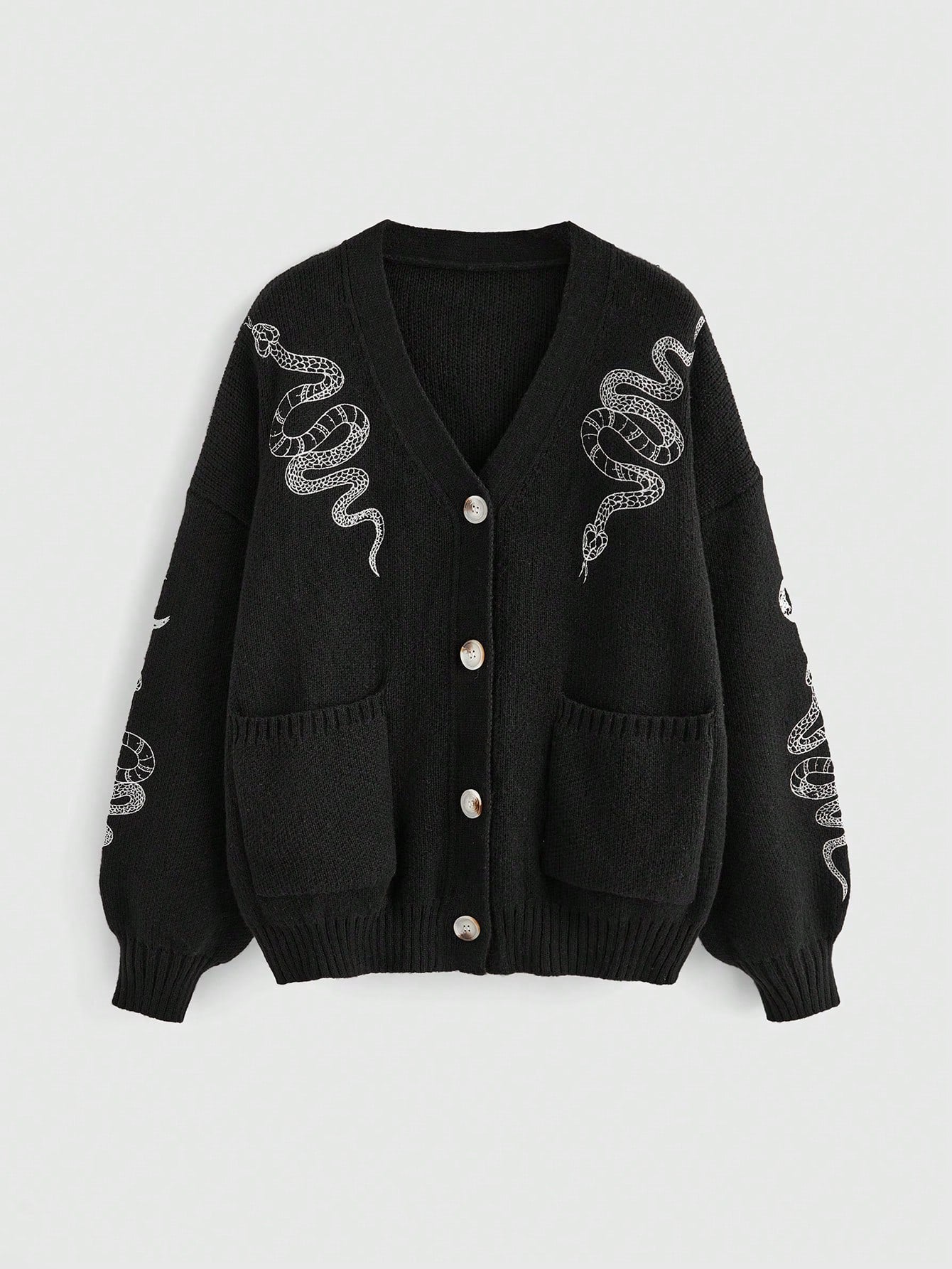 Snake & Moon Embroidered V-Neck Cardigan - Noctura