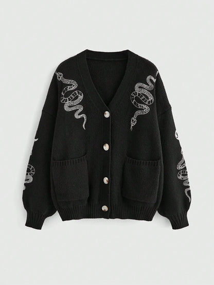 Snake & Moon Embroidered V-Neck Cardigan - Noctura