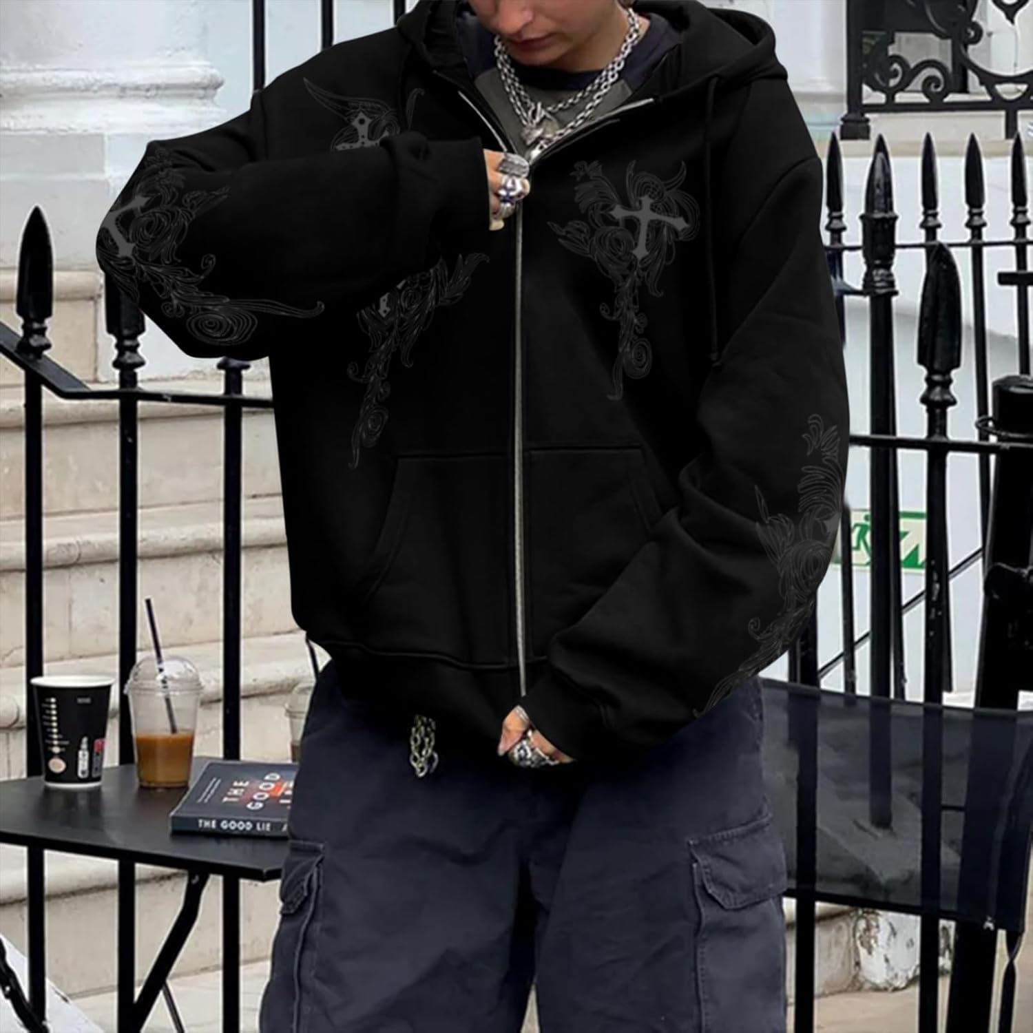 Y2K Gothic Zip Hoodie – Grunge Cross Streetwear