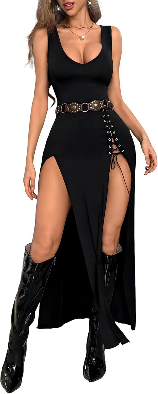 High-Slit Eyelet Rope Dress — Vintage Black