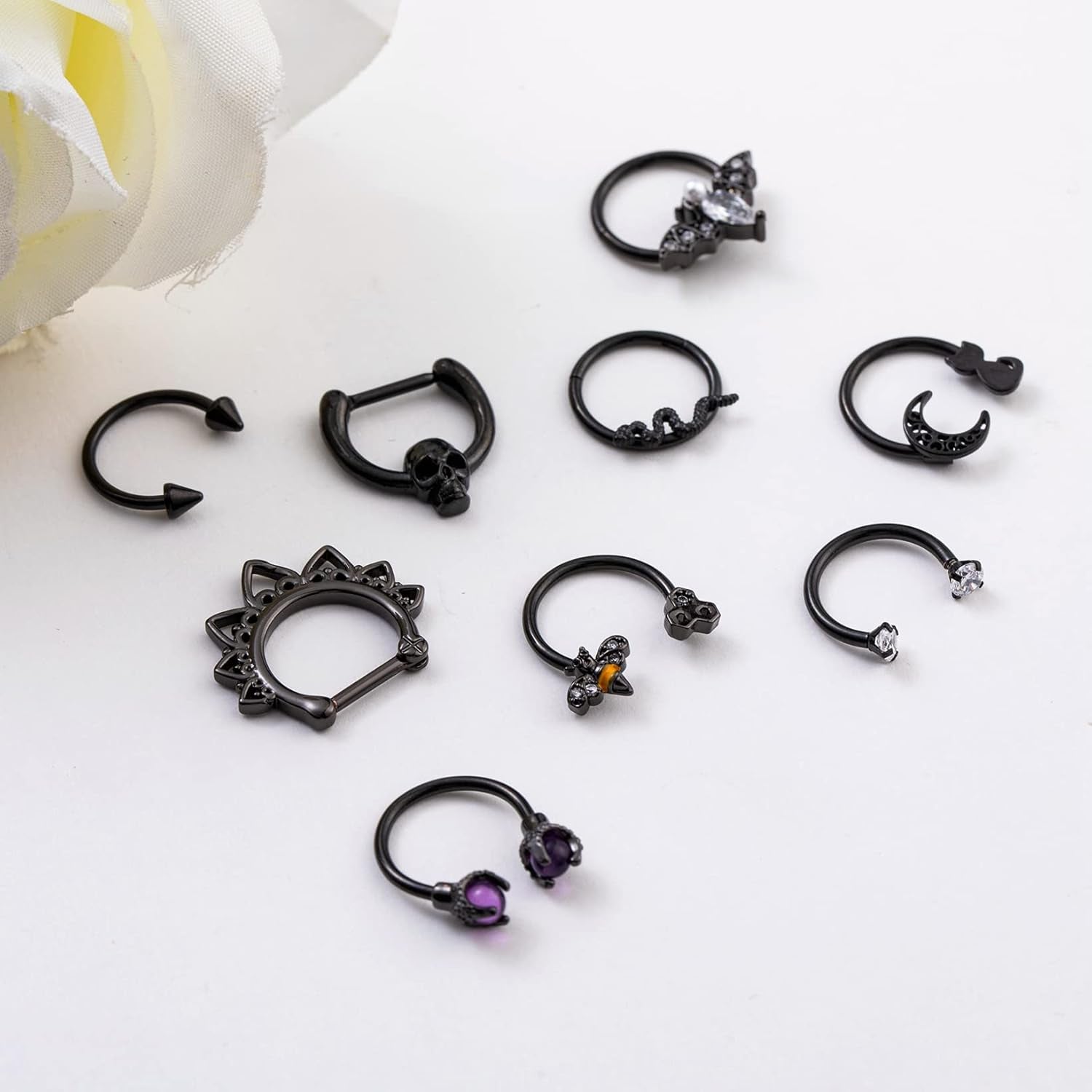 9 PCS 16G Stainless Steel Horseshoe Septum Rings for Women Cartilage Helix Tragus Earrings Daith Earrings Hoop Snake Bat Gothic Piercing Jewelry
