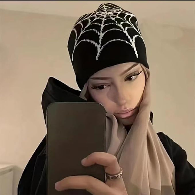 Y2K Gothic Spider Pattern Wool Acrylic Knitted Hat Women Beanie Winter Warm Beanies Men Casual Skullies Outdoor Black