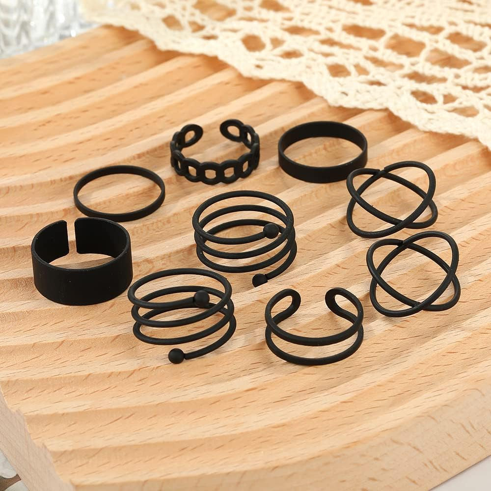Black Knuckle Rings Set for Women Vintage Stackable Midi Rings Boho Crystal Pearl Sea Wave Finger Ring Pack