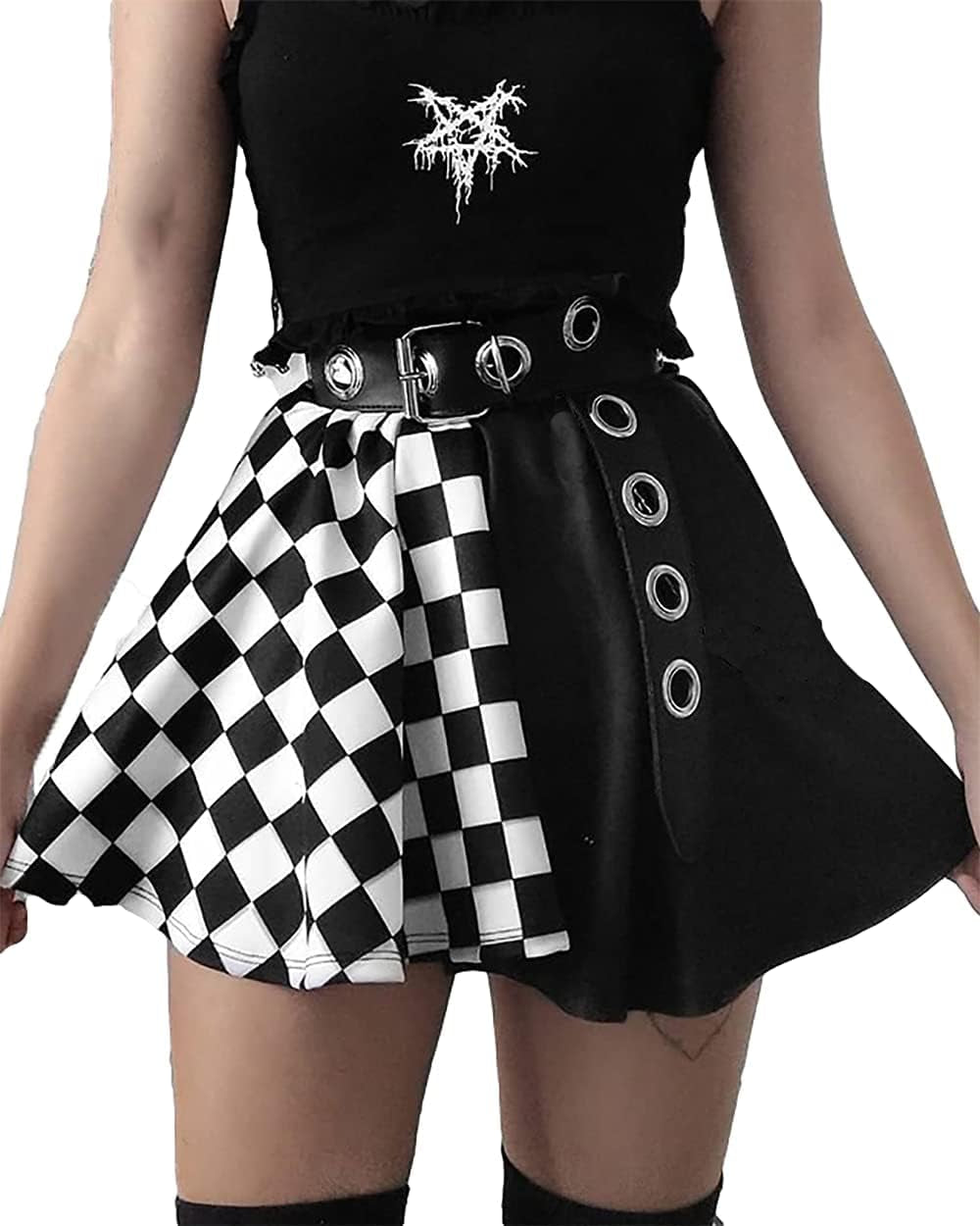 Womens Punk Gothic Plaid Solid Color Patchwork Skirt a Line Mini Skirts Summer Kawaii Cute Skirts Y2K Streetwear Noctura