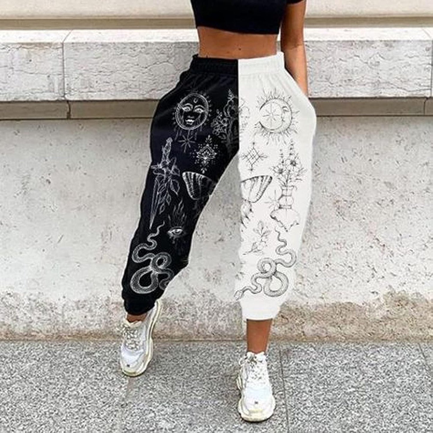 Women'S Fashion Printed Jogger Pants Elastic Waist Color Block Street Loose Sweatpants with Pockets
