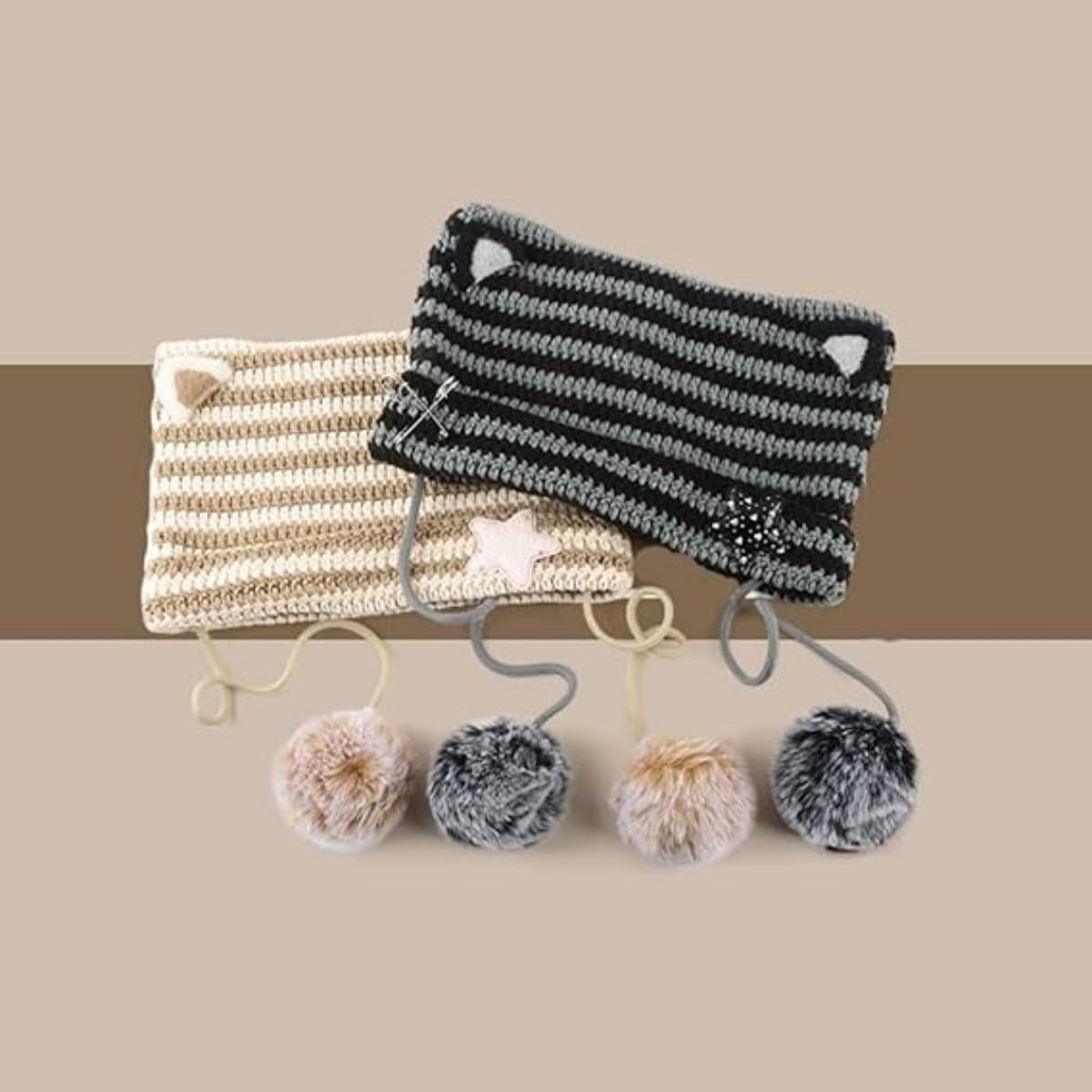 Women Kawaii Cat Ear Beanie Hat with Star Pom Poms Y2K Cute Crochet Goth Grunge Emo Alt Accessories Knit Slouchy Hat