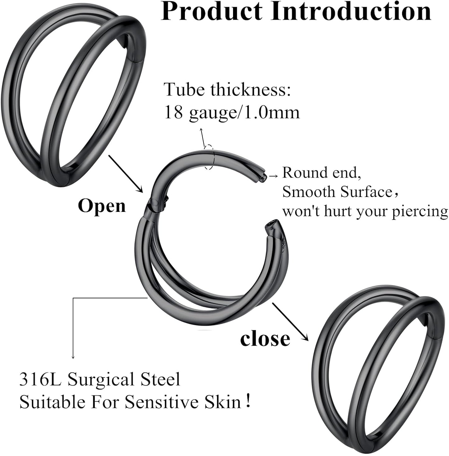 Double Hoop Nose Ring 18G 16G 316L Surgical Steel Cartilage Earring Septum Jewelry Seamless Hinged Clicker Segment Ring Conch Daith Tragus Helix Rook Piercing Earring Lip Ring