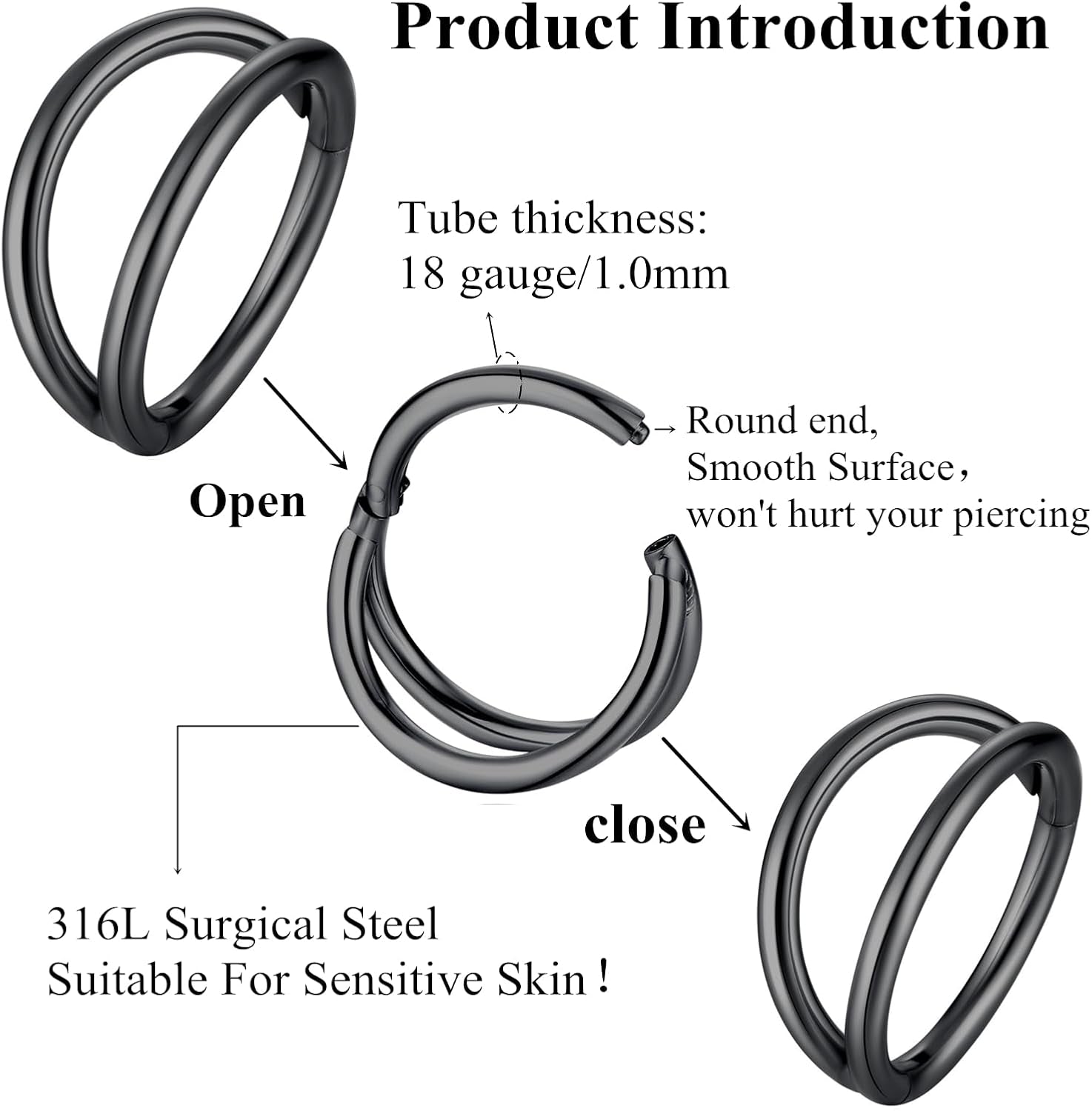 Double Hoop Nose Ring 18G 16G 316L Surgical Steel Cartilage Earring Septum Jewelry Seamless Hinged Clicker Segment Ring Conch Daith Tragus Helix Rook Piercing Earring Lip Ring