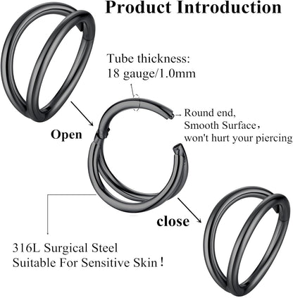 Double Hoop Nose Ring 18G 16G 316L Surgical Steel Cartilage Earring Septum Jewelry Seamless Hinged Clicker Segment Ring Conch Daith Tragus Helix Rook Piercing Earring Lip Ring