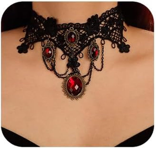 Black Lace Choker Necklace Lace Gothic Choker with Crystal for Women for Halloween Weeding Costume Party Prom Vampire (Style 1) Noctura