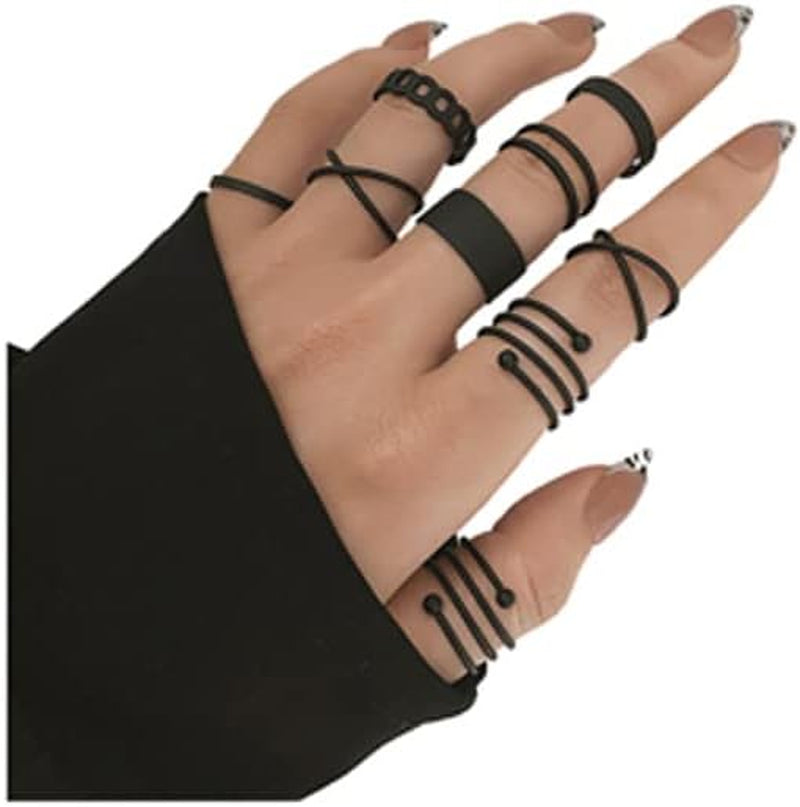 Black Knuckle Rings Set for Women Vintage Stackable Midi Rings Boho Crystal Pearl Sea Wave Finger Ring Pack