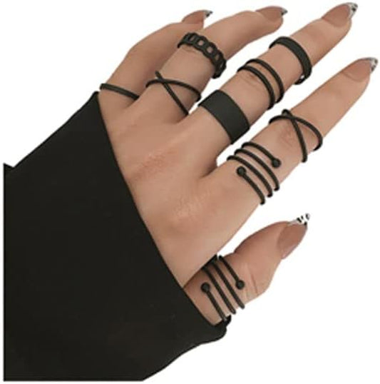 Black Knuckle Rings Set for Women Vintage Stackable Midi Rings Boho Crystal Pearl Sea Wave Finger Ring Pack