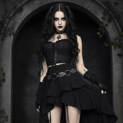 Woman in a gothic outfit standing in an archway